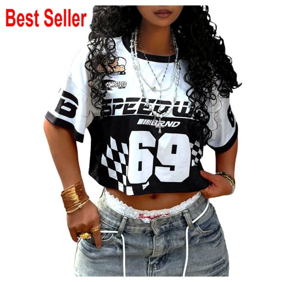 Tops - Number Letter Print Jersey Crop Top Drop Shoulder Y2K Streetwear Casual